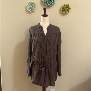 120% Lino Brown Button-Up Tunic Top Mini Dress 48 US XL 12